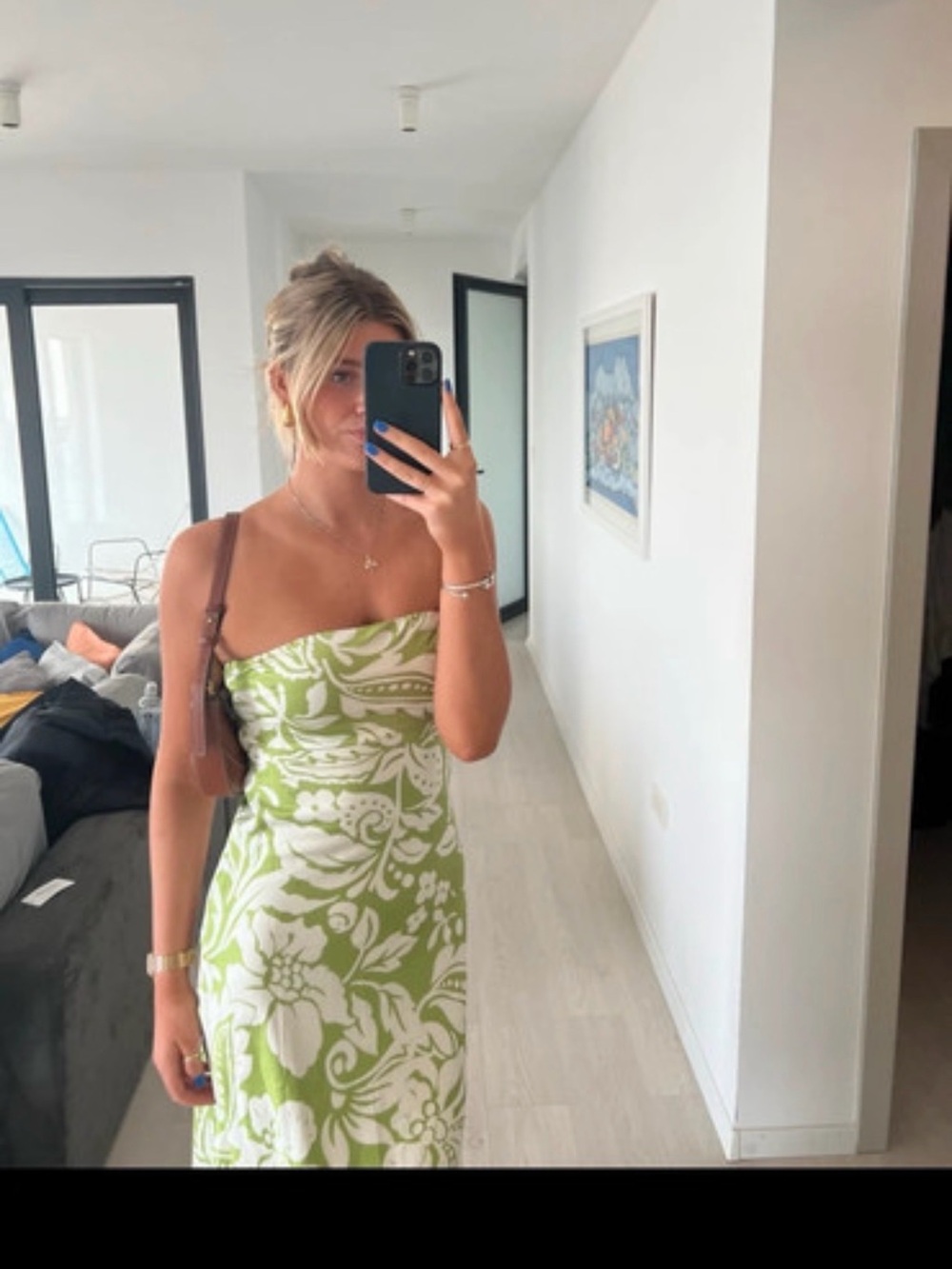 Green & White Floral Strapless Maxi Dress